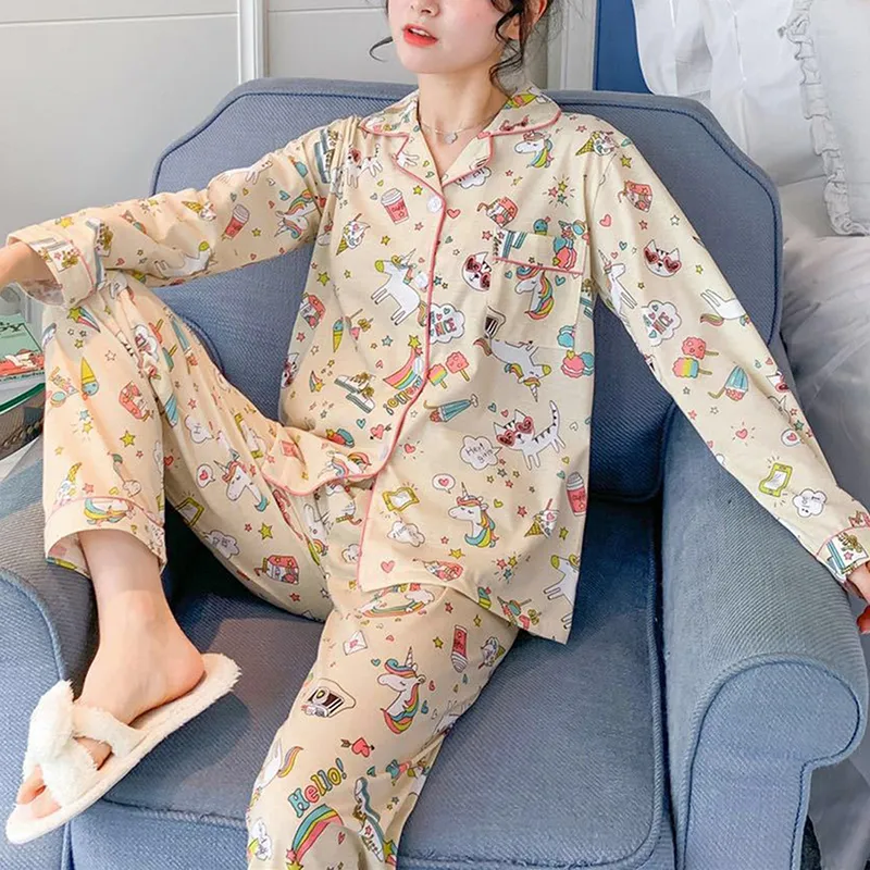 Pyjamas pour femmes Ensembles de dessin animé Imprimer Automne Manches longues Deux pièces Ensemble Femmes Vêtements de nuit Vêtements de nuit sexy pour femmes Ensemble de couchage 201027