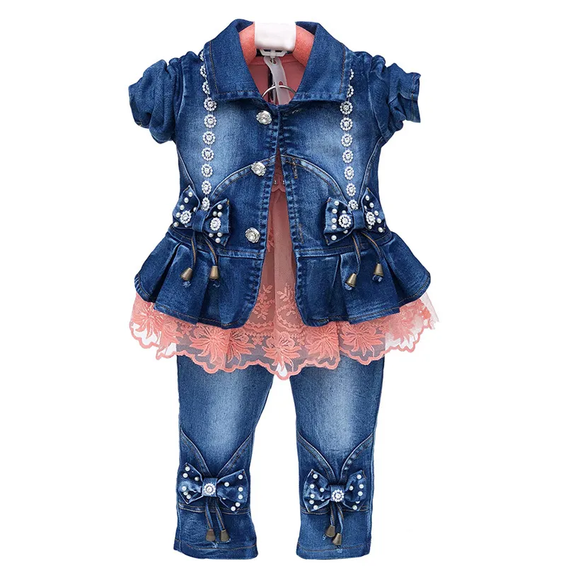 春秋の幼児の赤ちゃんの女の子デニム服セット3個の長袖TシャツドレストップスデニムジャケットとジーンズズボンズボンLJ201223