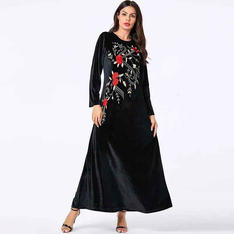 Плюс размер осень длинные Maxi цветочные вышивка бархатное платье женщин женские платья ропа мохера абая мусульманский халат longue Femme Elbise 201125
