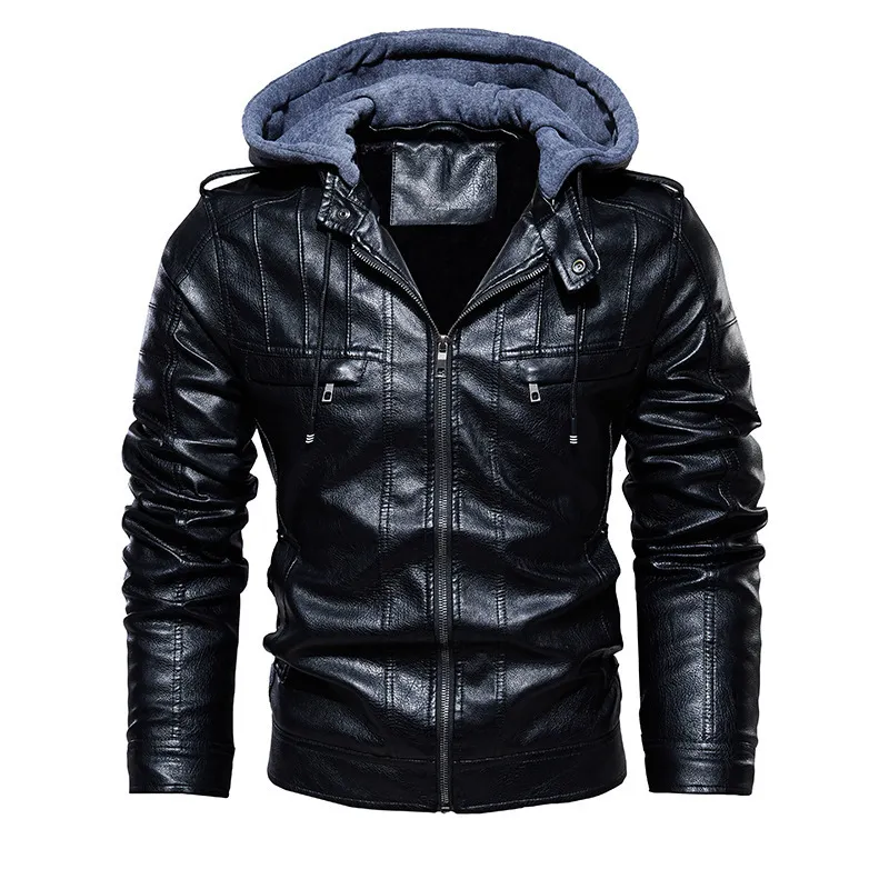 Jaqueta de couro para homens com zíper com capuz de casaco de capuz de inverno casaco de motocicleta fino roupas de moda fora de moda fora de tamanho 4xl 201128