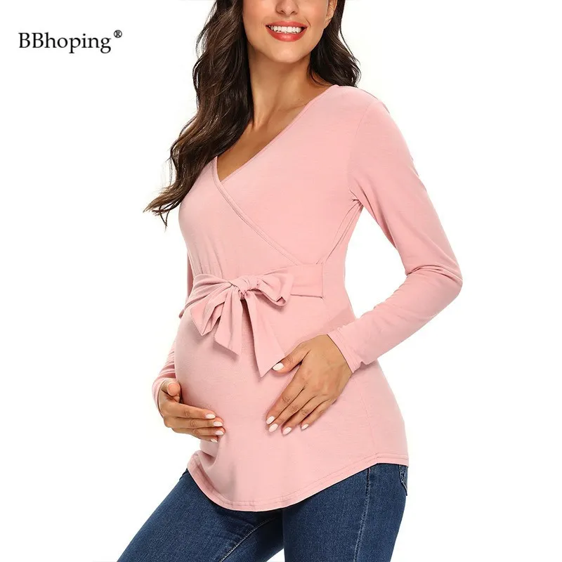 Mamma Kläder Långärmad Amning Breastfeeding Maternity Shirt Blusar Gravida Toppar Med Side Tie Bow Delivery Graviditet Kläder LJ201118