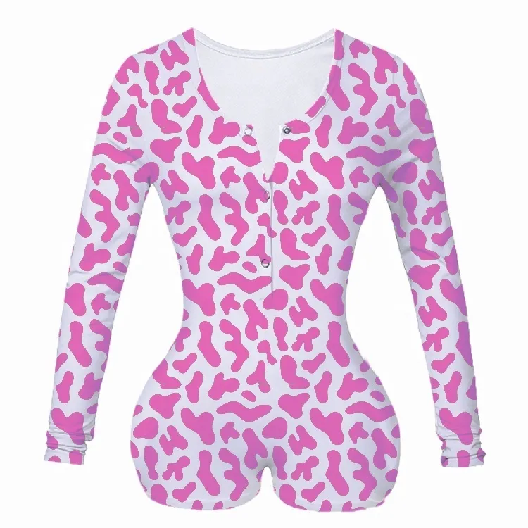 Mujeres verano abotonado cuello redondo Bodycon elástico Kawaii sí papá estampado de leopardo Sexy corto mamelucos jóvenes señoras monos T200527