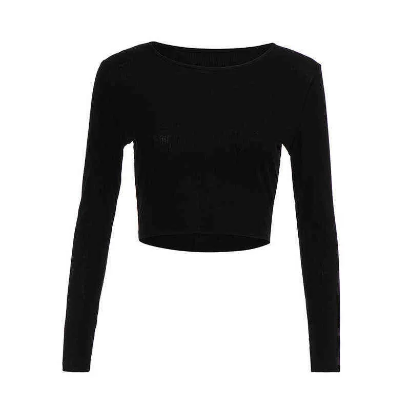 Sólida manga longa manga longa camiseta casual preto branco moda colheita top camisa senhoras moda coreano camiseta g220228