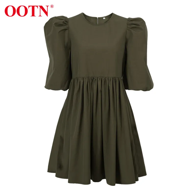 Ootn Green O Neck Casual Women Dress Lantern Solidny Różowy Różowy Mini Ladies Elegancki Linia Summer Es Cotton 220210