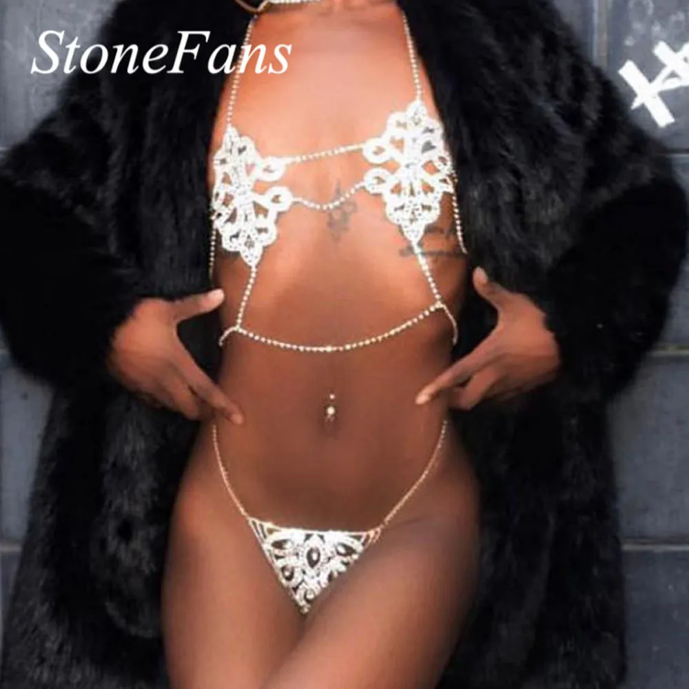 Stonefans Sexy ملابس داخلية مجموعة الجسم سلسلة الجسم للنساء سحر حمالة صدرية شكل زهرة و Thong مجموعة Crystal Lingerie Party T200508218A