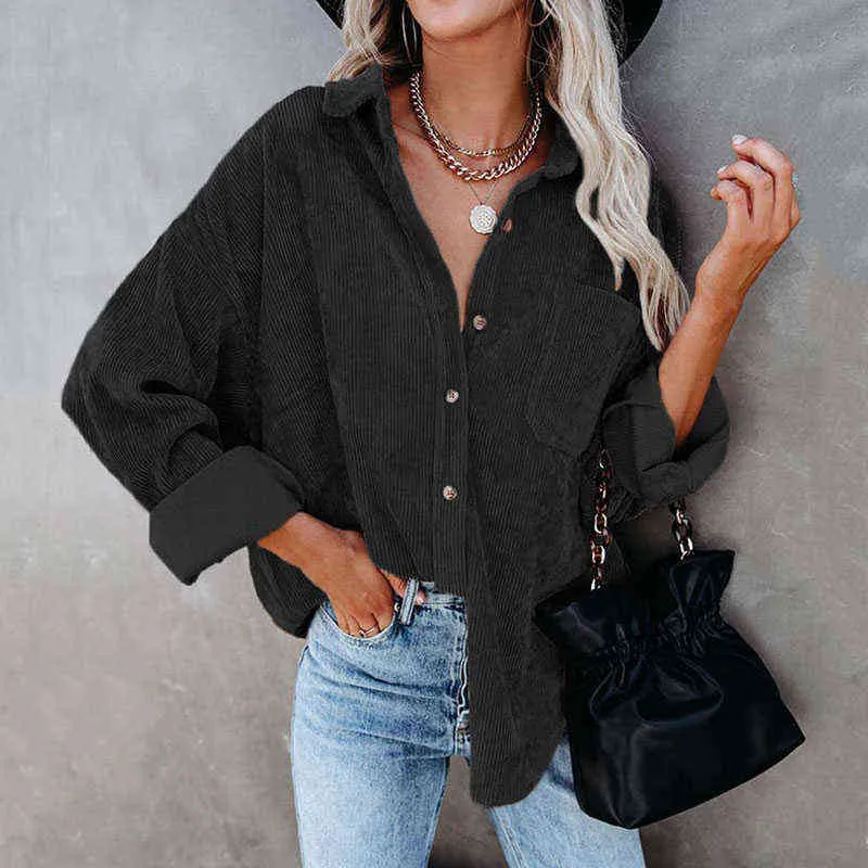 Autumn Corduroy Jacket Woman Long Shirt Women Button Coat s Fashion Overshirt Loose Female 211223