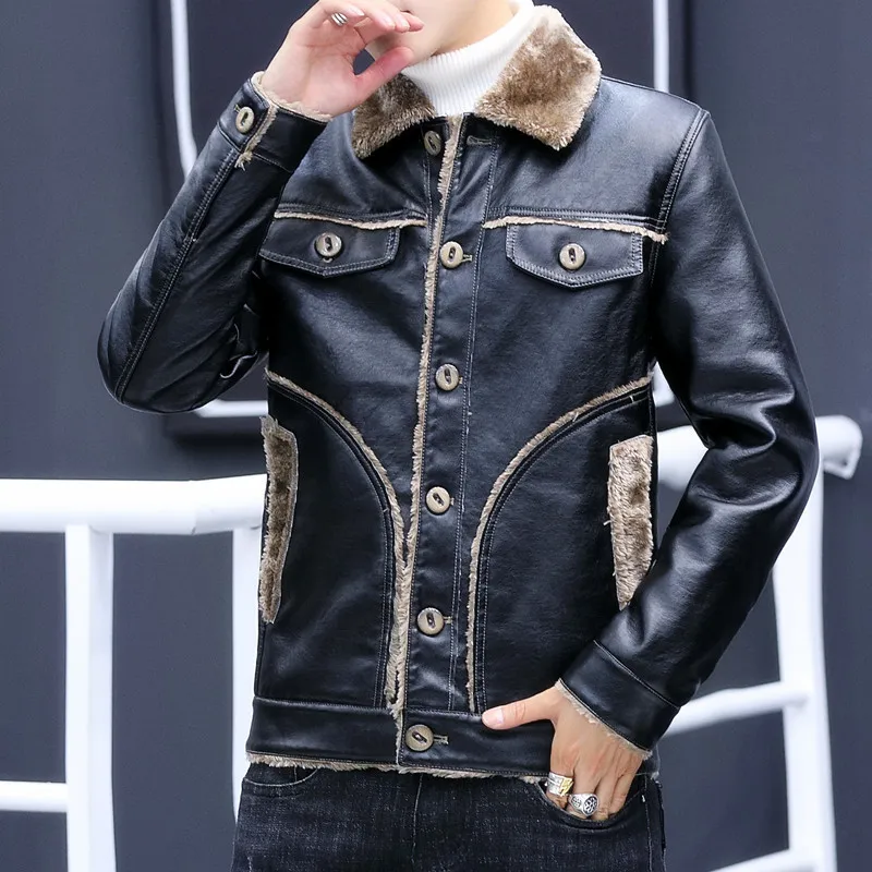 Jaqueta de inverno masculino vintage jaqueta de couro preto homens forro de pêlo de colar de colarinho casual casual masculino casaco grosso e tamanho 4xl 201127