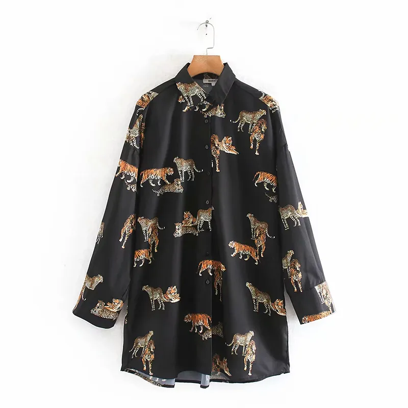 Fashion Za Women Shirt 2019 Vintage Tiger Print Turn-Down Collar Shirts Blouses Loose Ladies Long Sleeve Blusas Tops T200321