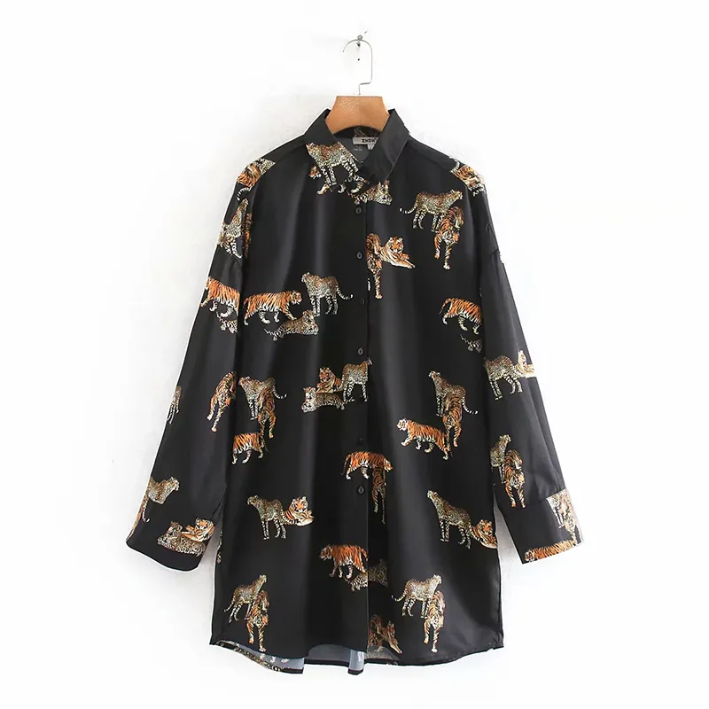 Moda Za Kobiety Koszula 2019 Vintage Tiger Print Turn-Down Kołnierze Koszulki Bluzki Luźne Panie Z Długim Rękawem Blusas Topy T200321