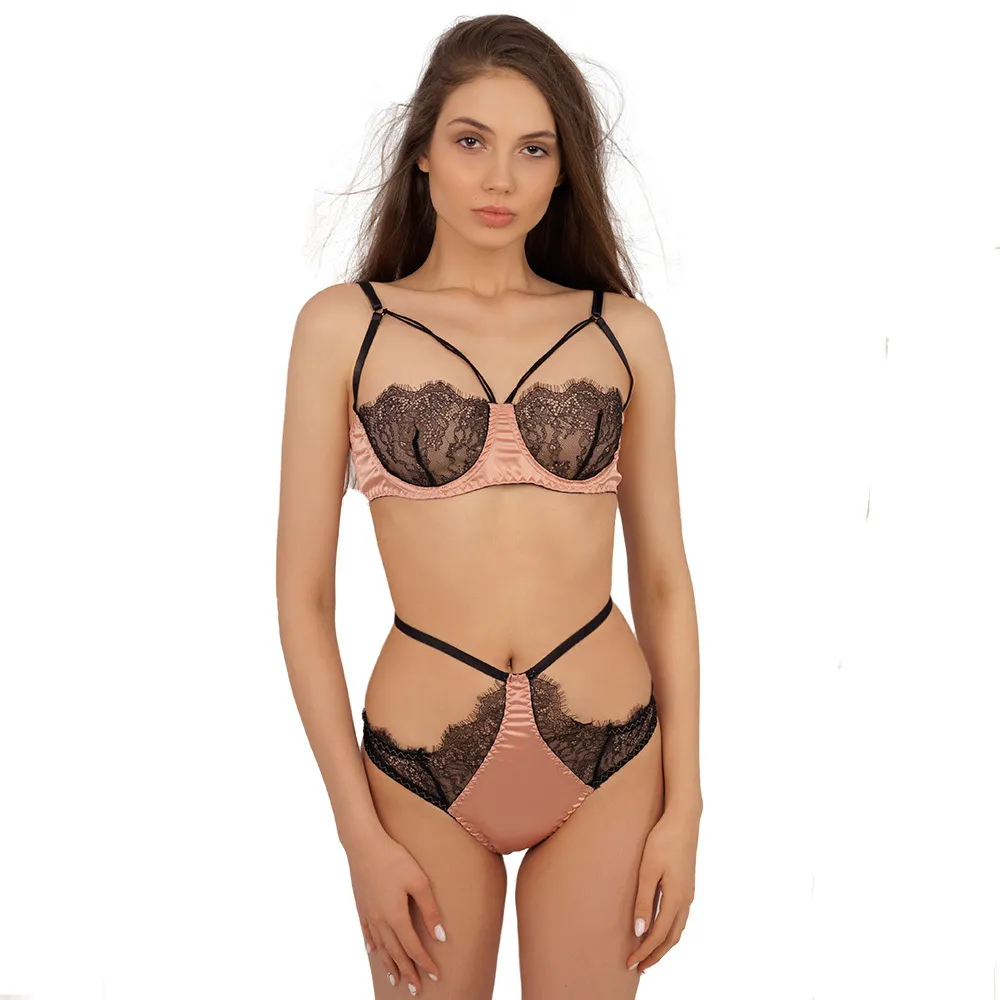 Eyelash Lace Bra and Panty Set Transparent Push Up Brassiere Cut Out Harness Lingerie Set Sexy Satin Underwear Women Y200708