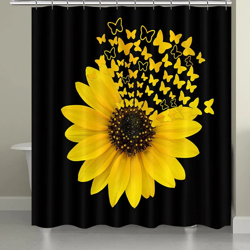 Set Sunflower Butterfly Print Shower Curtain Waterproof Bathroom Curtain Toilet Cover Mat Non-Slip Rug Set Bathtub Decor LJ20351w