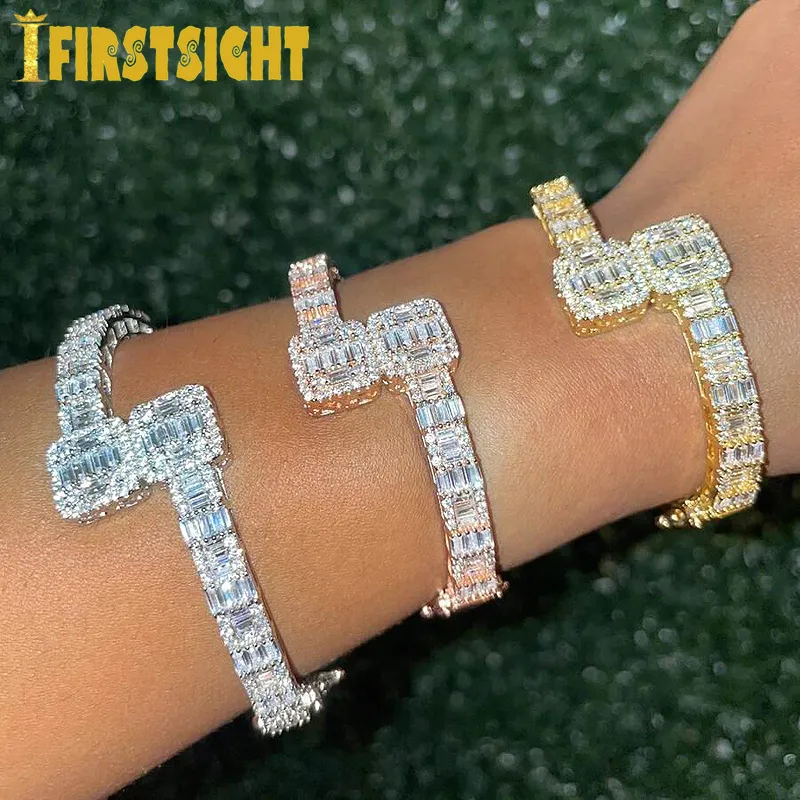 Iced Out Bling Opened Square Zircon Charm Bracelet Gold Silver Color Baguette AAA CZ Bangle For Men Women Hiphop Jewelry 220215184F