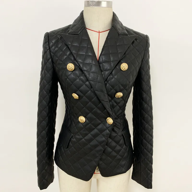 Alta qualidade 2020 novo designer elegante Blazer Botões de leão da grade algodão acolchoado Slim Metting Synthetic Leather Jacket LJ200911