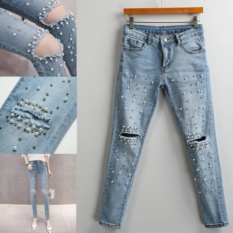 Women Pencil Jeans Washed Denim Pant Beading Ripped Holes Mid Waist Pockets Zipper Distressed Casual Skinny Pants Trousers 201105