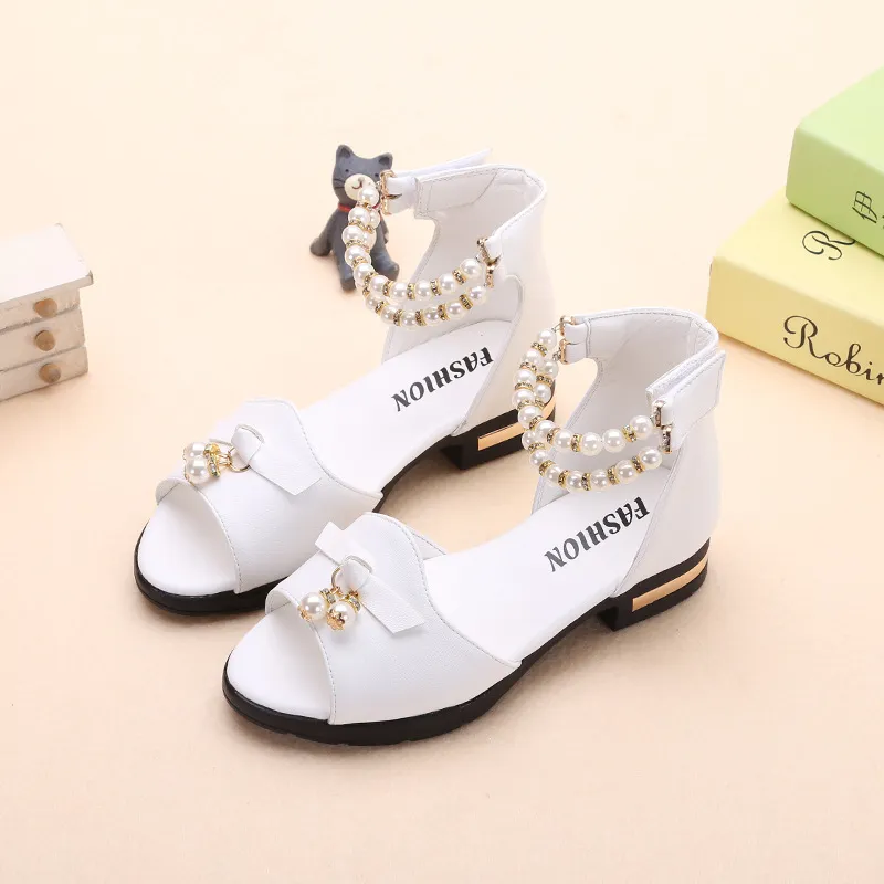 Fashion Bead Bow Bow Sandal Sandal Sandals Letnie na wysokich obcasach dla dzieci Buty plażowe 4 5 6 7 8 9 10 11 12 -letnia różowa biała 6440941