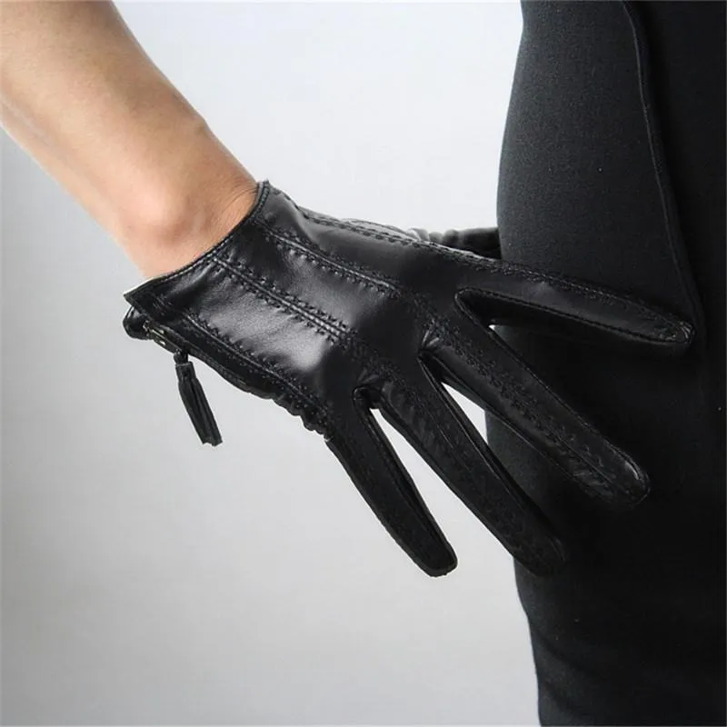Touchscreen-Handschuhe aus echtem Leder, reines importiertes Ziegenleder, Quaste, Reißverschluss, kurzer Stil, dunkelviolett, weiblich, Touch-Funktion180N