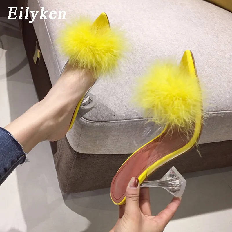 Eilyken Été Femme Pompes PVC Transparent Plume Plexiglas Cristal Talons Hauts Fourrure Peep Toe Mules Pantoufles Dames Diapositives Chaussures C0129