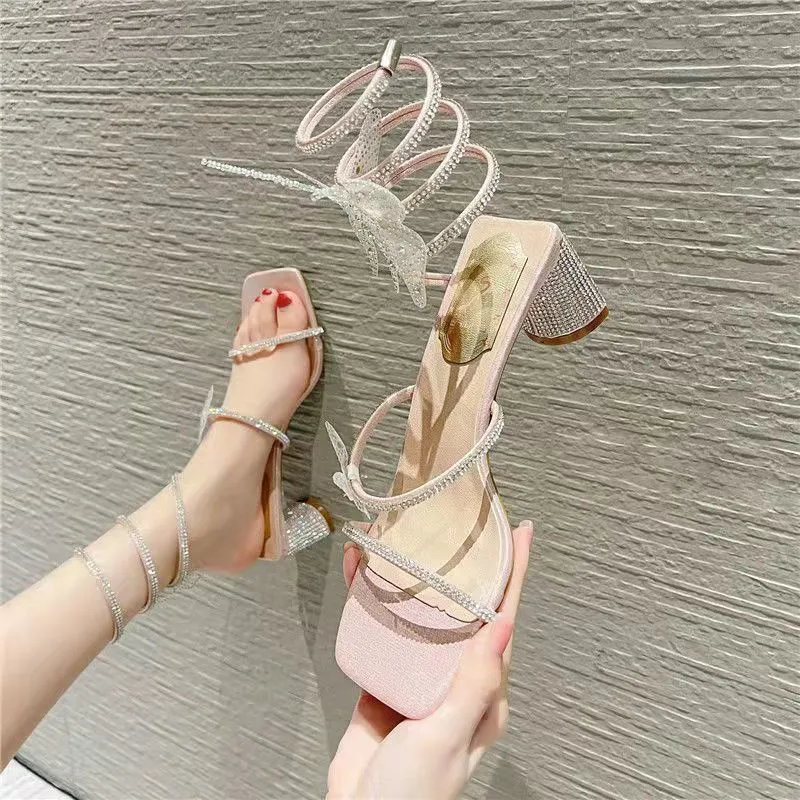 Summer Women's Sandals Fashion Luxury Club Square Toe Snake Strap Sequined Cloth High Heel Party Shoes 220314