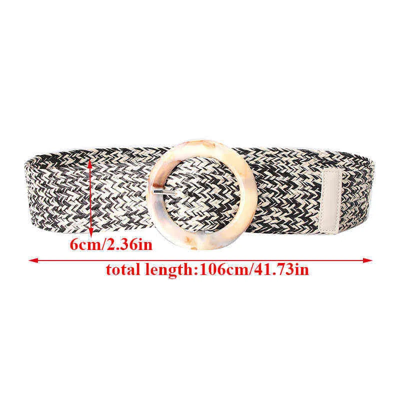 Boho Fake Straw Waist Belt Wide Summer Vintage Causal Braided Waistband Resin Round Buckle Women Belts For Dress Jeans 106cm G220301