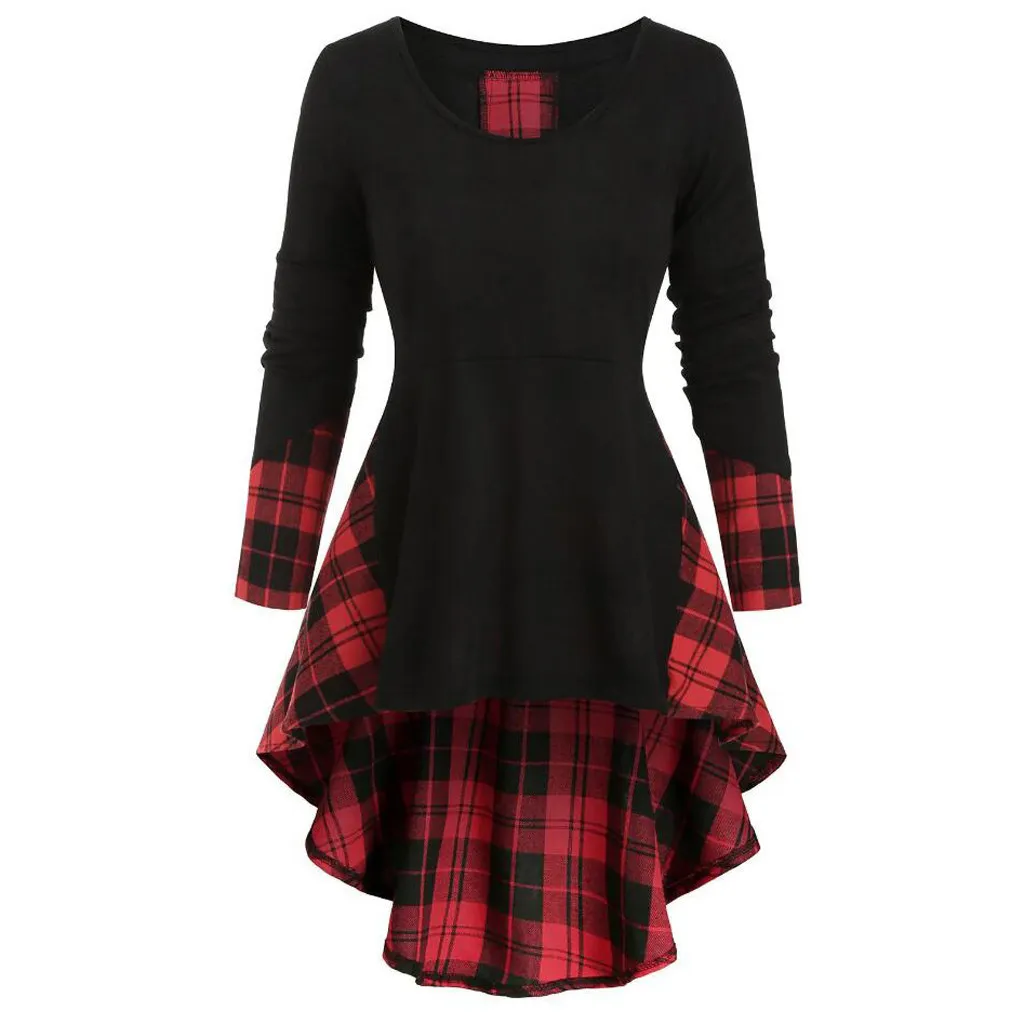 Plus Size Tops Long Sleeves 5XL For women Plaid Lace Up Asymmetrical High Low Tops Female O-Neck T-shirt Tops de mujer 201028