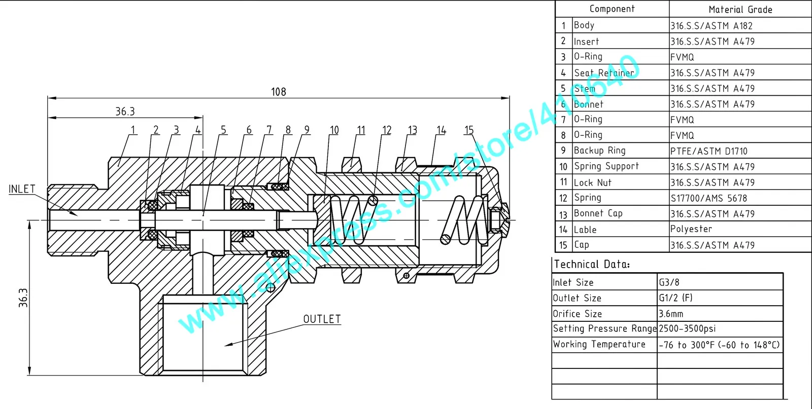 SS316L 2500 tot 3500 PSI RVS Hogedruk Veiligheidsklep Proportionele Losklep Druk Veiligheidsontlastventiel