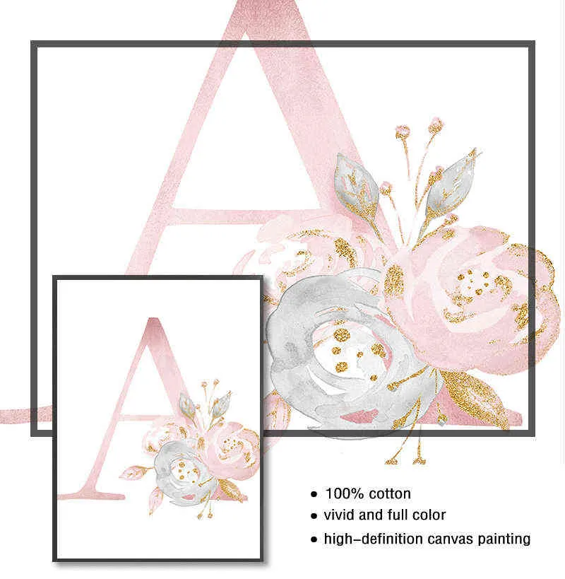 Blumen Wandkunst Bilder für Mädchen Zimmerdekoration personalisiertes Poster Babyname individuelle Leinwandmalerei Kinderzimmer Drucke rosa 211222