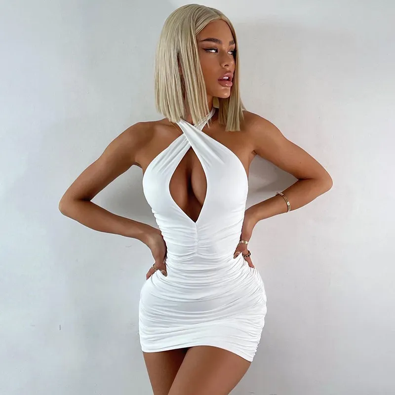 Zhymihret White Cross Halter Ruched Damesjurk Zomer Holle Backless Sexy Club Party Nachtkleding 220311