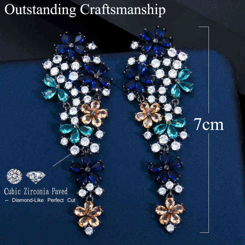 CWWZIRCONS LONG Drop Flower Multi Color Blue Cubic Zirconia Earrings For Women Fashion Statement Wedding Party Jewelry CZ669 220118851619