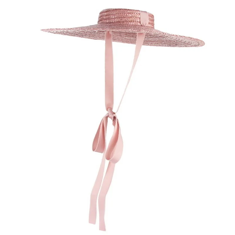 GEMVIE Wide Brim Flat Top Straw Hat Summer s For Women Ribbon Beach Cap Boater Fashionable Sun With Chin Strap 220225284U