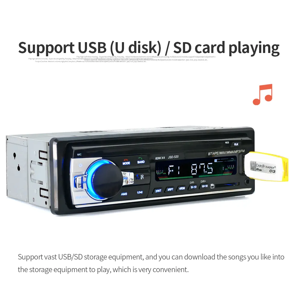 JSD520 ISO 12V Bluetooth autoradio intégré au tableau de bord 1 Din FM prise en charge de l'entrée auxiliaire Mp3/MP4 USB MMC WMA AUX IN TF lecteur Radio