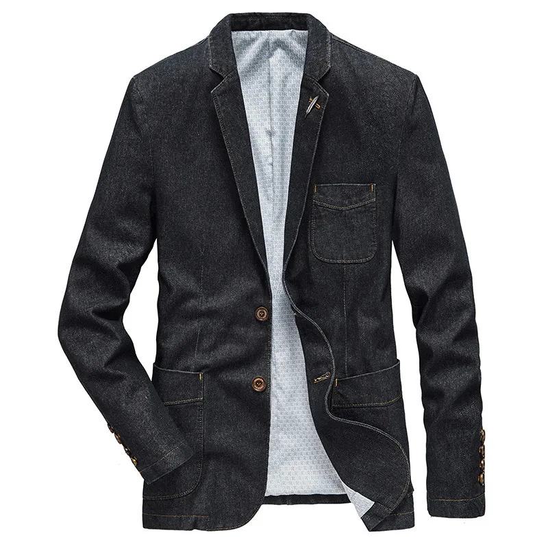 Bomull män denim kostymjacka singel breasted fickor blå avslappnad gata vår höst male outwear slim man cowboy blazer lj201103