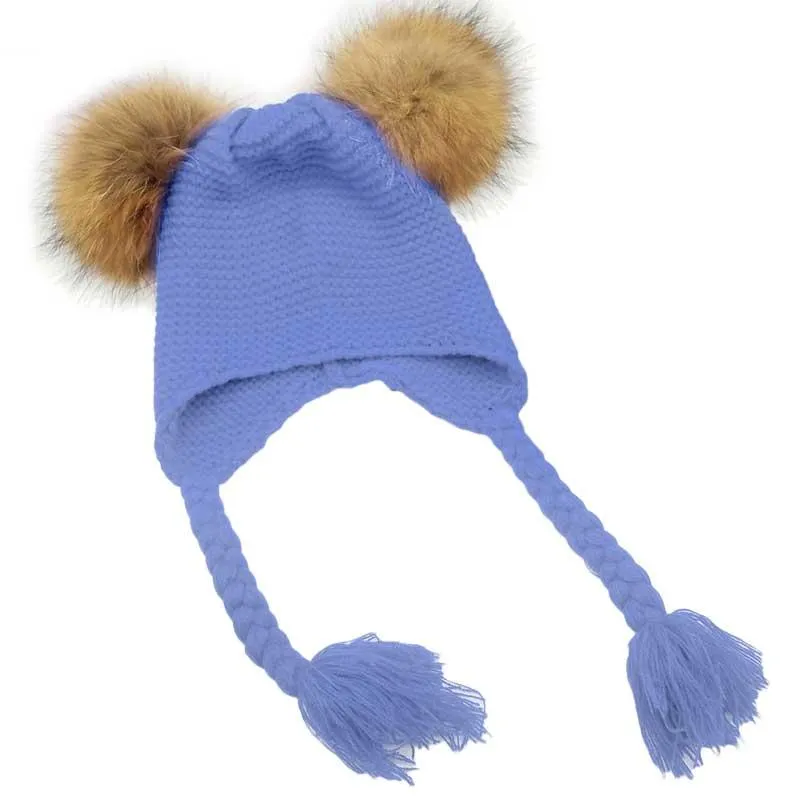 Kids Wool Knit Real Fur Pom Pom Hat Baby Girls Boys Crochet Earflap Winter Hat Beanie Real Raccoon Fur Pompom For Children293U