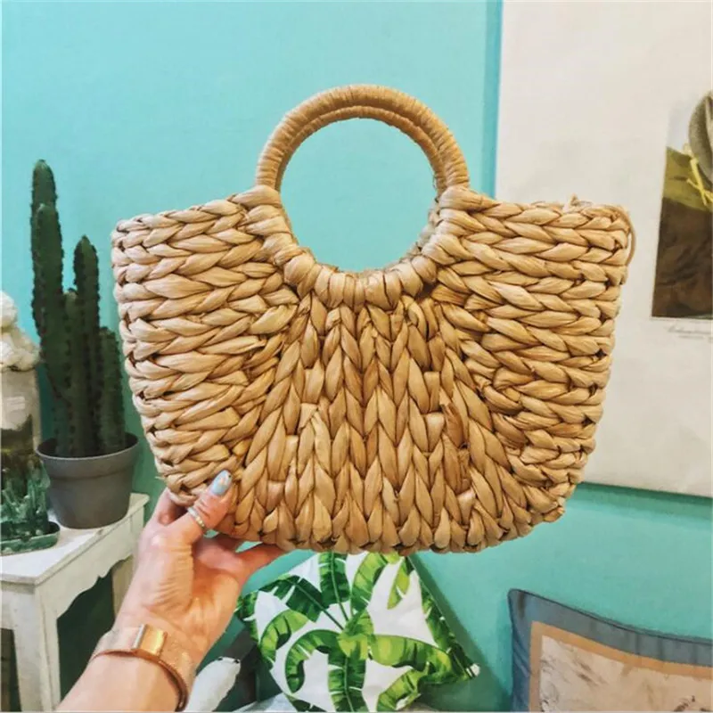 Simple Straw Handbag for Girls Summer Beach Travel Hand Bag Half Moon Hand Woven Rattan Handbags Round Handle Bags240d