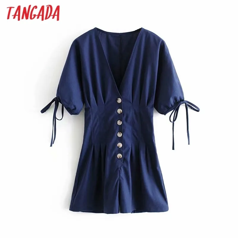 Tangada mode femmes été marine coton lin combishort arc manches courtes boutons femme combishort 3H631 T200704