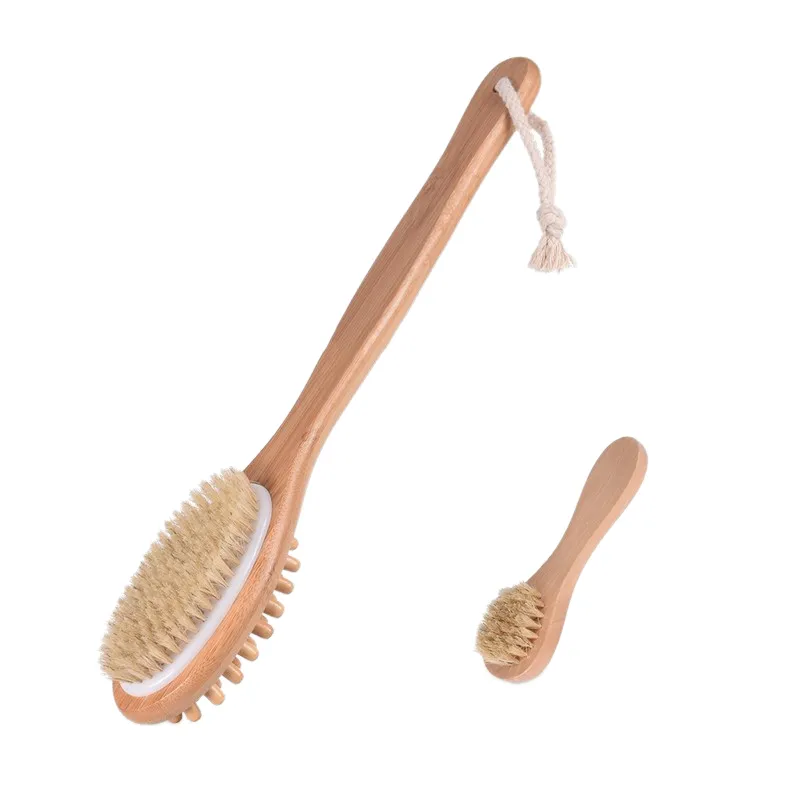 Ensemble de 2 brosses de bain double face, poils naturels, à Long manche, pour épurateur de dos de douche, 9425907