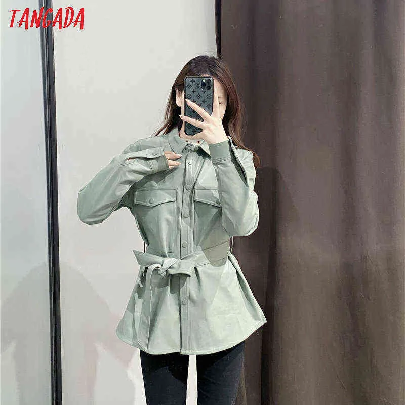 Tangada Women Light Green Faux Leather Jacket Coat with BeltLadies Long Sleeve Loose Oversize Boy Friend Coat 6A125 220112