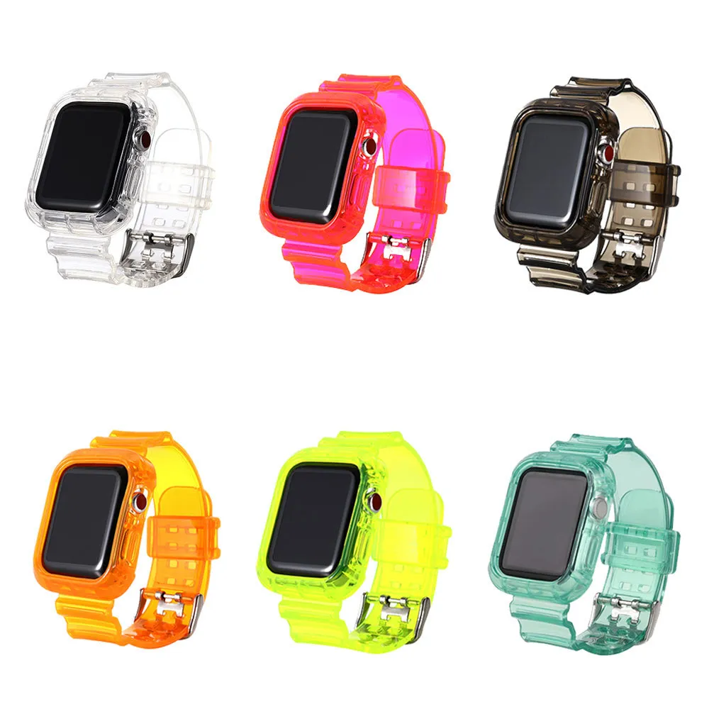 Ny ankomst fluorescerande f￤rg TPU Watch Band Strap Plus Protective Watch Case 38 40 42 44 mm f￶r iWatch 1 2 3 4 5 Cover