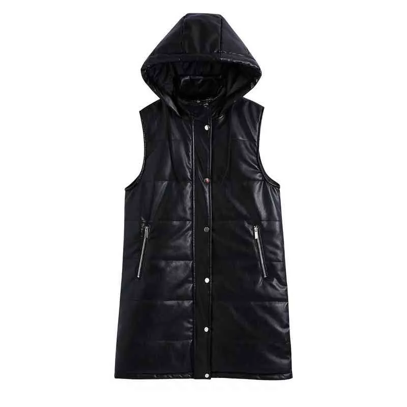 Duoperi Mode Hooded Faux Lederen Lange Vest Vest Vrouwen Casual Mouwloze PU Jas Chic Lady Winter Warm Outfits Vrouwelijke 211220