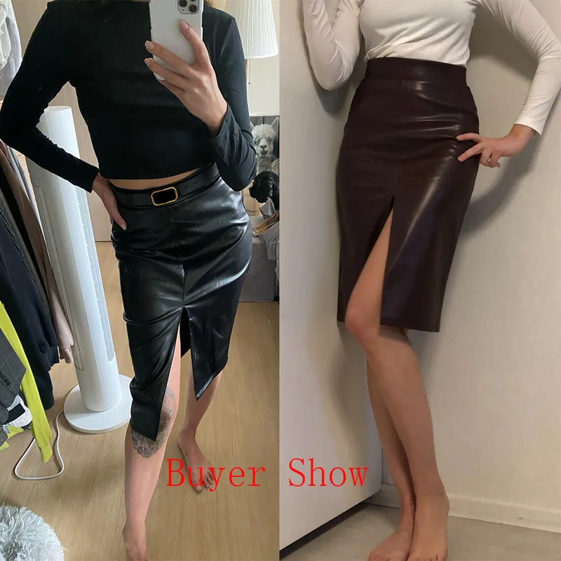 Kvinnor faux läder slits penna kontor kjol höst vår streetwear hög midja svartbrun sexig bodycon midi kjolar 220224