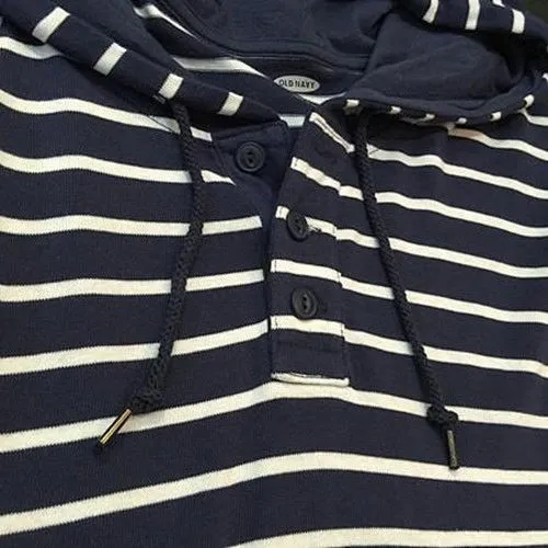 Sweat-shirt de sport décontracté pour hommes, manches longues, capuche, vieux coton rayé bleu marine