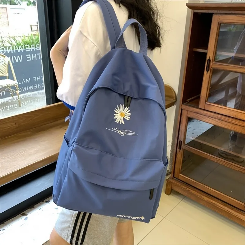 Borsa da scuola adolescenti ragazze Zaino da donna Stampa Bookbags Studente medio Zaino grande nero con fiori carini Zaino in nylon LJ201029