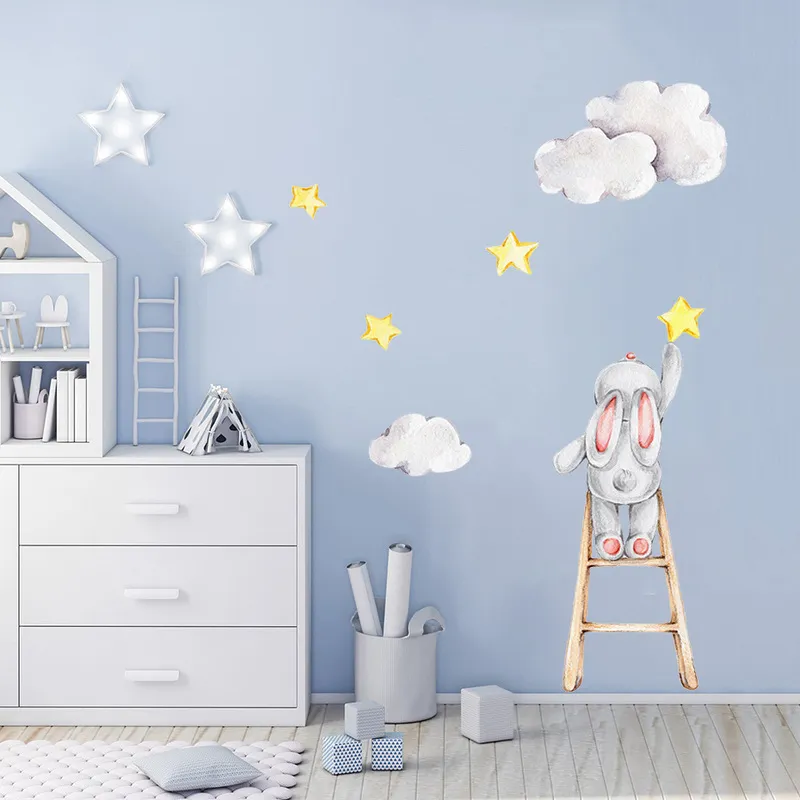 Coelho bonito aquarela nas escadas estrelas nuvens removível decalques de parede berçário arte adesivos cartazes pvc meninas quarto decoração de casa 220217