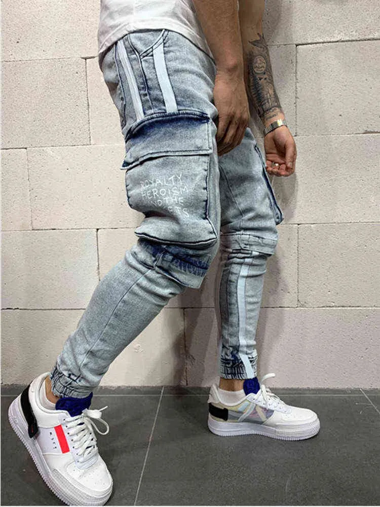 Jeans da uomo elasticizzati slim fit tascabili 2021 moda Casual Stripe Tearing Patchwork Pantaloni sportivi hip-hop taglia grande europea G0104