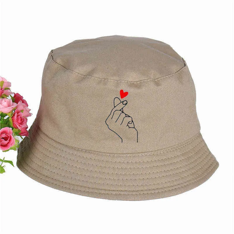 Cappelli a secchiello con stampa cuore con dita Cappelli estivi pop harajuku Donna Uomo Cappello da pescatore Cappello da pesca parasole esterno Y220301