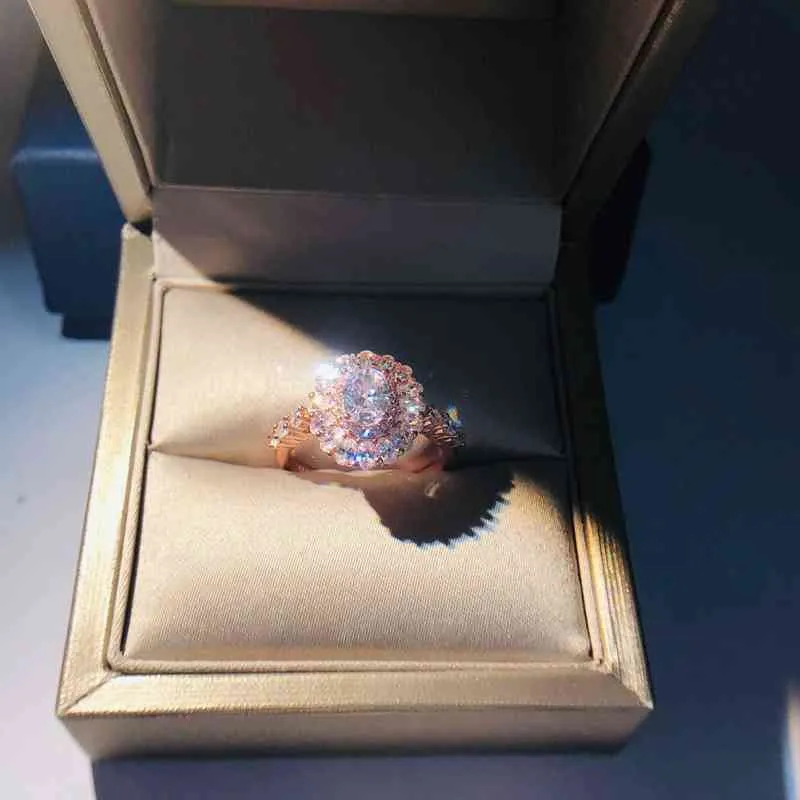 100% Real 18K Rose Gold Ring Origin Natural 3 Carats Quartz Gemstone Wedding Jewelry Luxury Invisible Setting Oval Box 211217