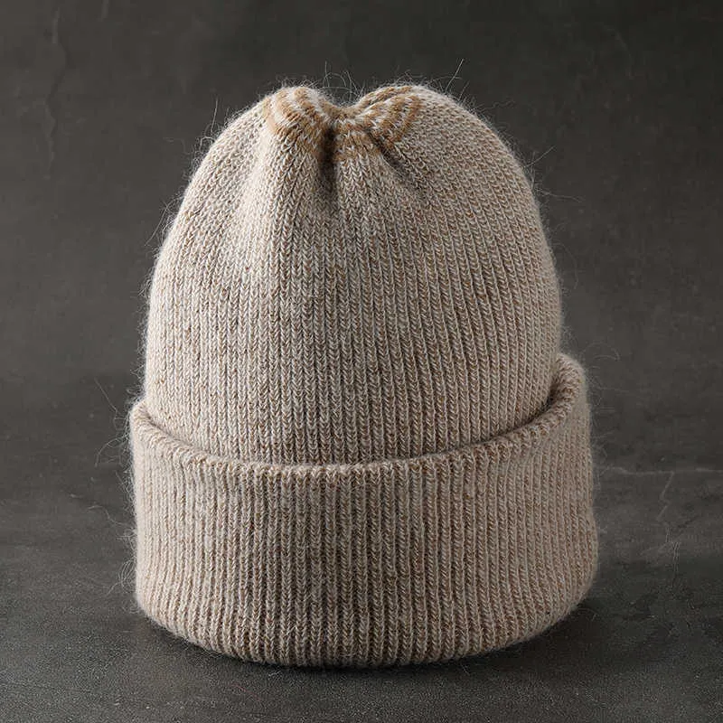 Vinter hatt för kvinnor äkta kanin päls cashmere stickade mössa flicka utomhus tjock varm vitgora mode solida skullies 211228
