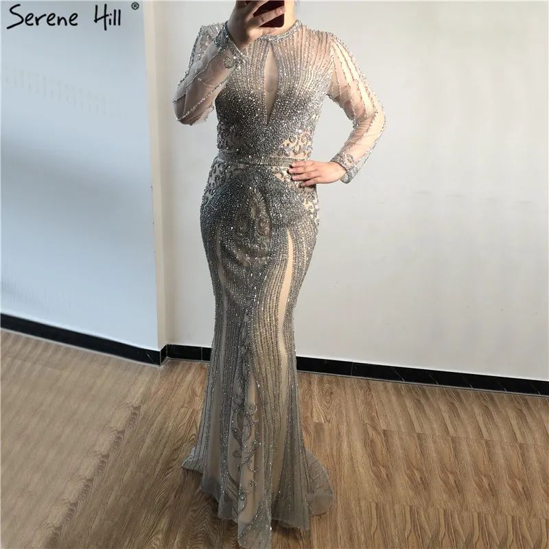 Dubai Long Sleeves Grey Luxury Evening Dresses ONeck Full Diamond Mermaid Formal Dress Serene Hill Plus Size LJ2012249241383