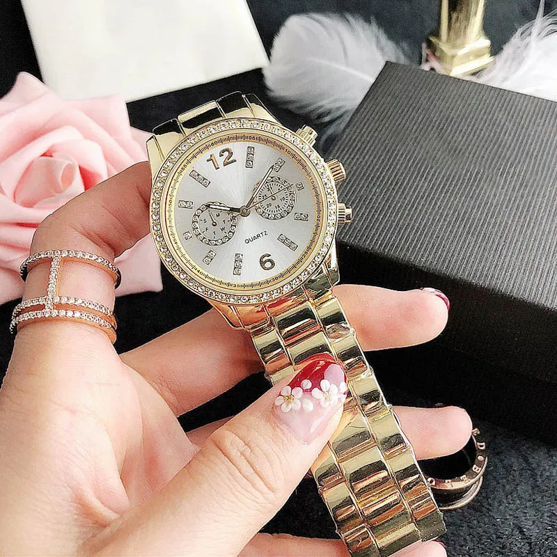 Moda relógios de pulso de quartzo para mulheres garota cristal 2 mostradores estilo metal aço faixa relógio M116