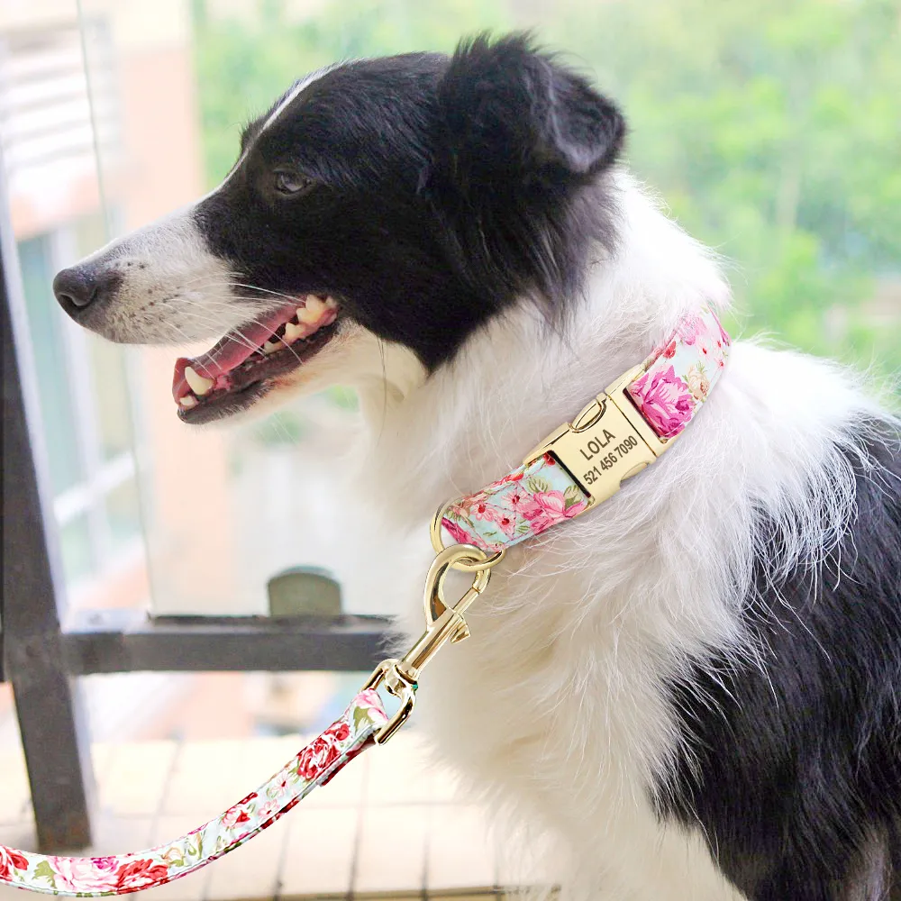 Personalisiertes Hundehalsband und Leine-Set, Nylon-Halsbänder, mit Blumenmuster, zum Gehen von Haustieren, individuelles ID-Tag für mittelgroße und große S Y200917
