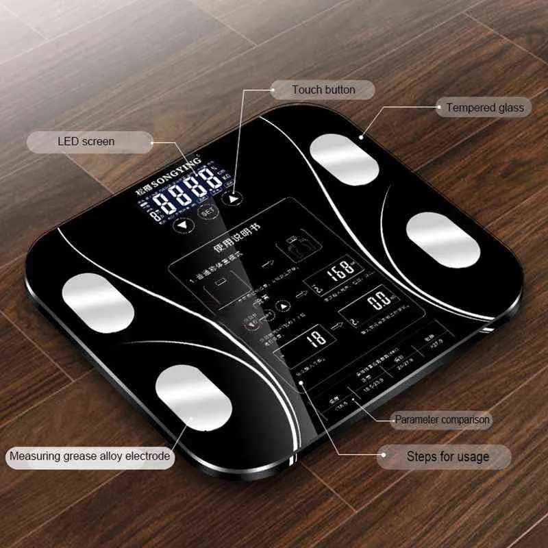 Balance de graisse corporelle intelligente Balance de poids électronique Connexion Bluetooth App Analyseur de composition LED Balance de sol numérique pour salle de bain H1229